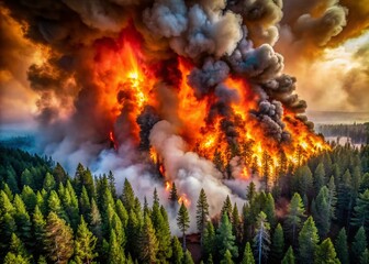 Fototapeta premium Devastating Fire Consuming Dense Forest Landscape, Capturing the Urgency of Nature's Fury and the Impact of Wildfires on Ecosystems and Wildlife in a Dramatic Documentary Style