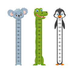 Wall Sticker for height measurement kids, kids height chart with cartoon animals. Cute wall meter with funny animals crocodile, penguin, koala.