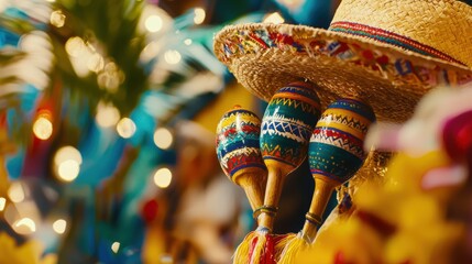 Colorful Mexican Sombrero and Maracas on Festive Holiday Background