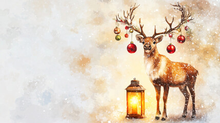 A reindeer figurine decorated with festive ornaments hanging from its antlers, standing next to a glowing lantern, watercolor style