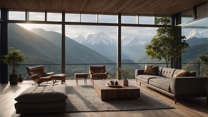 Fototapeta premium Modern living room with large windows and scenic mountain view.