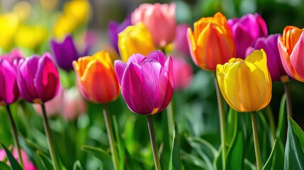 Obraz premium Colorful Blooming Tulips In Spring Garden With Vibrant Floral Arrangement