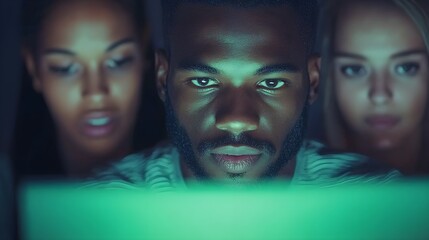 Focused individuals engaged with a glowing screen