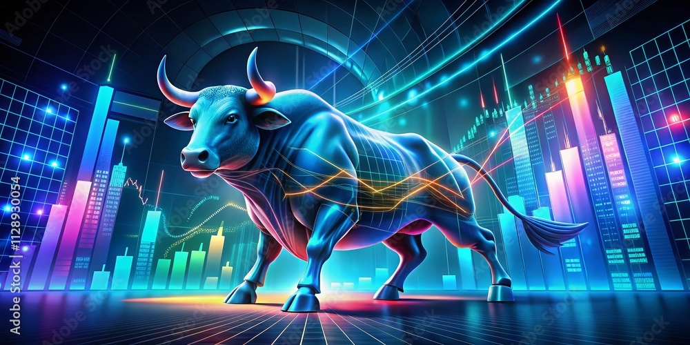 Poster digital bull symbolizing strong market trend surrounded by glowing graphs and data in a futuristic s