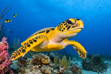 Fototapeta premium A turtle swimming in clear ocean waters, surrounded by colorful coral and schools of fish