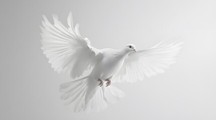 Fototapeta premium Majestic white dove captured mid-flight displays&nbsp;spread wings and pure feathers in&nbsp;graceful pose, symbolizing peace and freedom against&nbsp;pristine studio background.
