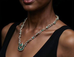 Diamond Necklace with Green Emerald Gemstone Jewelry. Isolated on Mannequin Neck. Exclusively for Women. Black Background. 
