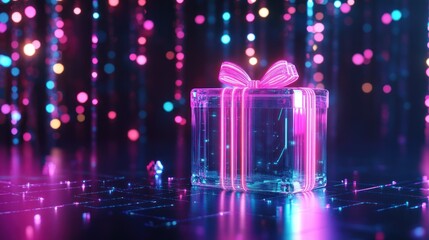 Transparent gift box with pink ribbon, neon lights.