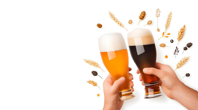 Clinking beer mugs in a lively setting, International beer day concept with hops and wheat icons, flat vector style