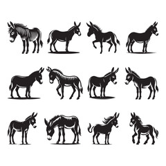 Donkey Silhouette Vector Illustration, Solid White Background.