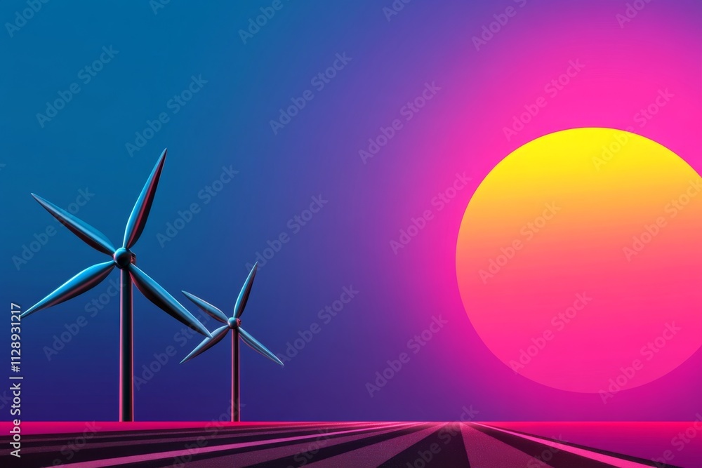 Poster a vibrant pixel art scene of a wind turbine farm spinning in a colorful animated sunset with retro v