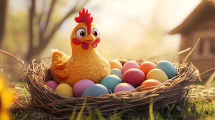 A funny 3D cartoon chicken laying colorful eggs in a sunny farmyard.