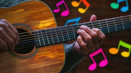 Obraz premium Acoustic Guitar Player Performing Musical Notes and Melody