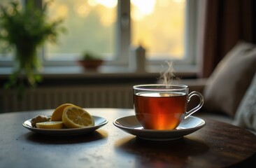 a cup of tea in a glass mug on the table, next to it on a saucer there is lemon, against the backdrop of a light apartment interior