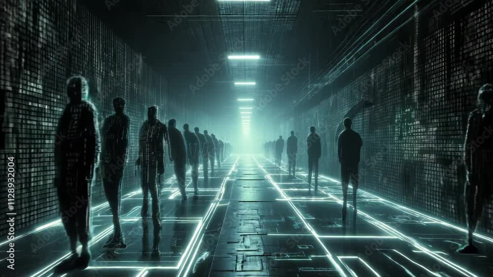 Poster silhouettes of people walking in single file through a futuristic corridor gradually transform into 