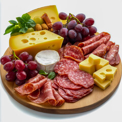 Charcuterie board with assorted cheese, meat, and grapes isolated on white background.