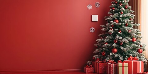 Christmas Tree with Red Gifts, White Lights on Minimalistic Red Wall Backdrop - Ideal for Festive Celebrations, Interior Design, or Seasonal Advertisements