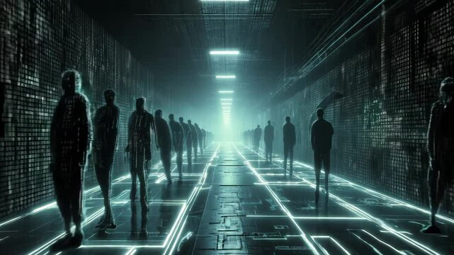 Silhouettes of people walking in single file through a futuristic corridor gradually transform into streams of data, illustrating the intersection of humanity and technology