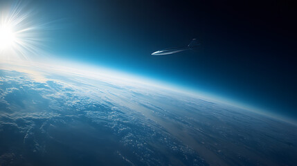 A futuristic supersonic aircraft cruising at the edge of Earths atmosphere the curvature visible below.