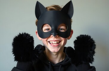 quadrober, portrait of a smiling boy in a black cat mask on a gray background