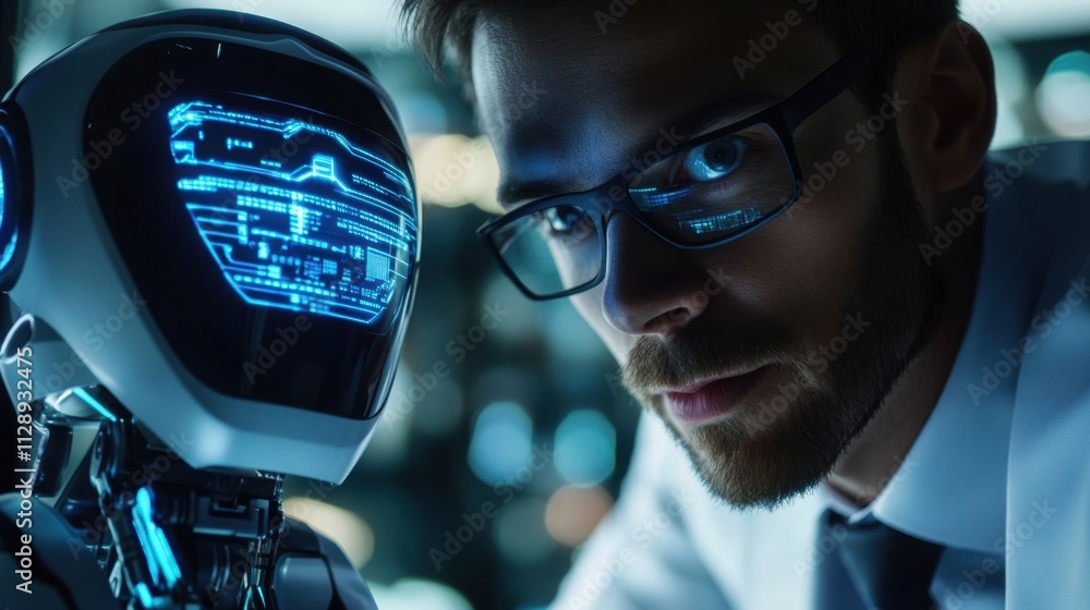 Poster close-up of scientist and advanced robot displaying futuristic technology