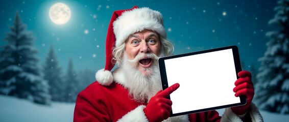 Naklejka premium A surprised Santa excitedly displays a blank tablet, pointing to its screen in a snowy winter scene at night