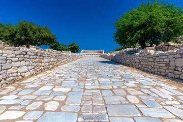 A wide-angle shot of the ruins of Ephesus, showcasing the Marble Street leading to the grand amphitheater
