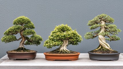 Beautiful Miniature Bonsai Trees Arranged in Pots with Serene and Tranquil Atmosphere