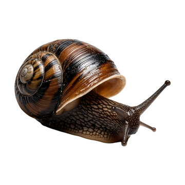 A detailed view of single snail with its spiral shell isolated on a transparent background