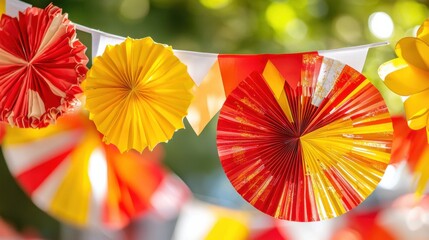Colorful Flags and Garlands Hanging in Festive Outdoor Environment