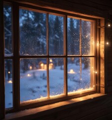 Sparkling bokeh lights reflecting off a frosty windowpane in a cozy cabin , snow-covered landscape, rustic decor