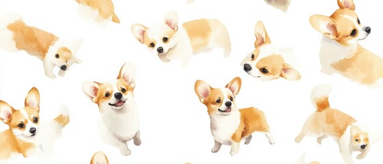 Naklejka premium Adorable Watercolor Pattern of Playful Corgi Dogs on White Background