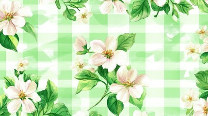 A bright green and white plaid background with delicate flowers placed throughout, adding a lively, springtime touch to the pattern