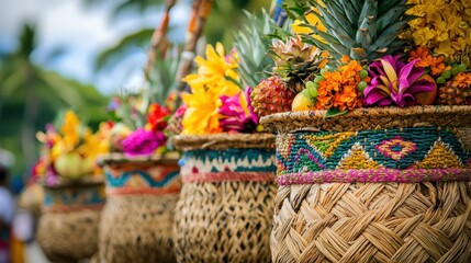 Colorful Tropical Floral Arrangement in Woven Basket