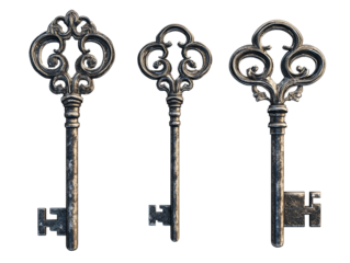 Decorative antique keys arranged artistically with ornate designs on a white background