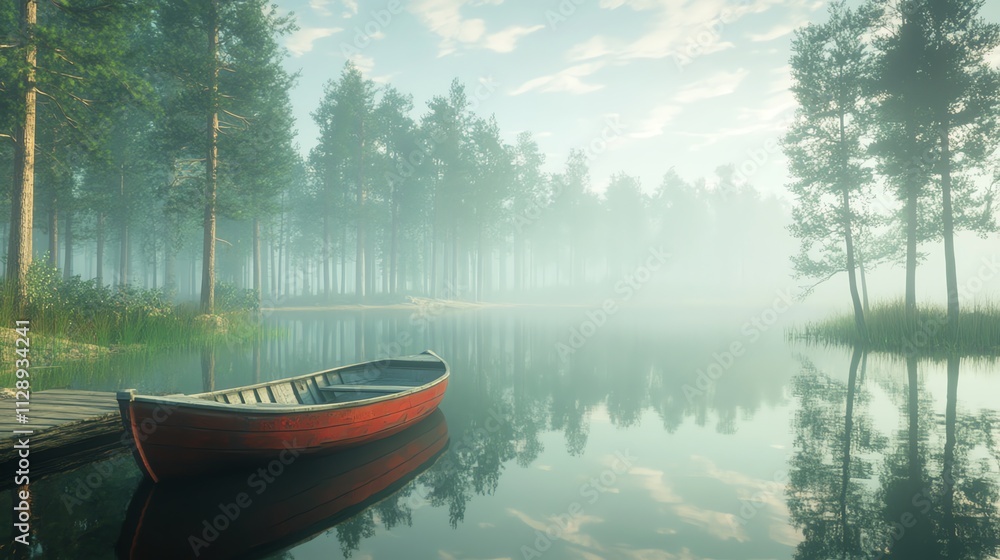 Poster a serene lakeside scene with a red boat reflecting in calm waters surrounded by trees and mist.