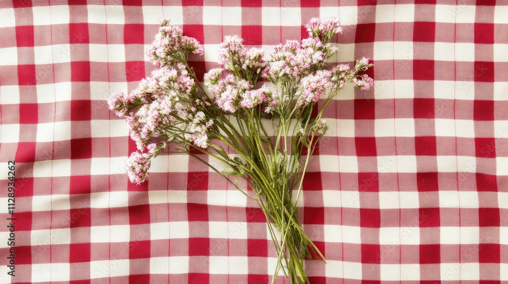 Aufkleber a checkered red and white plaid background with tiny flowers inserted into the pattern, blending nat