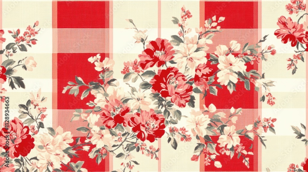 Poster a classic red and white plaid backdrop with subtle small flowers placed throughout the pattern, addi