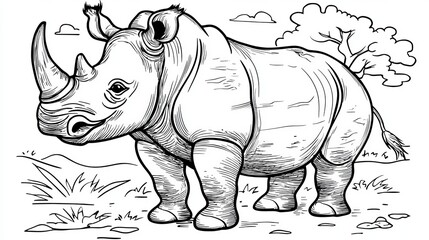 Fototapeta premium A Detailed Line Drawing of a Rhinoceros in its Habitat