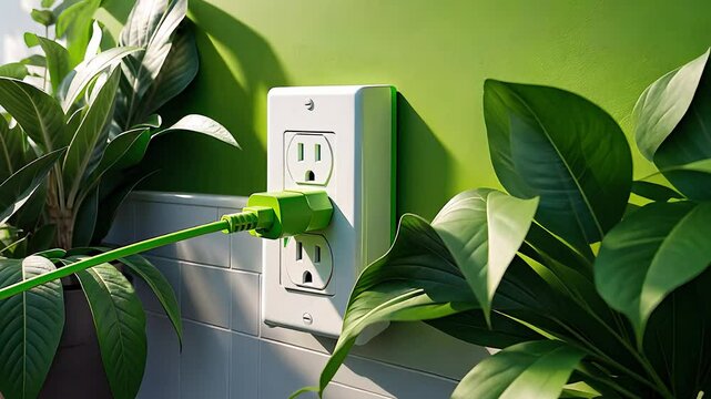 Green Power Plug Connected to Outlet on Vibrant Wall Surrounded by Indoor Plants


