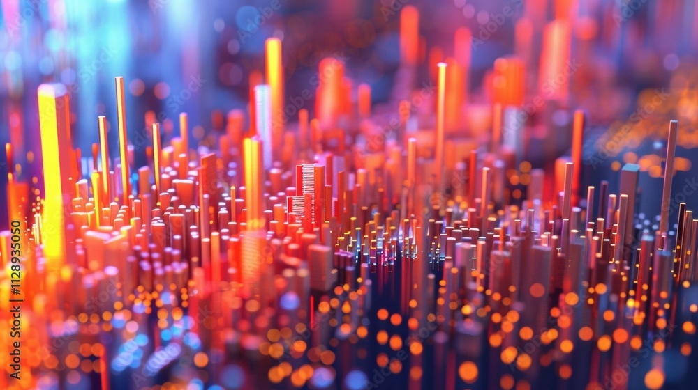 Poster glowing cylinders of varying heights and colors create a futuristic city skyline at night, featuring