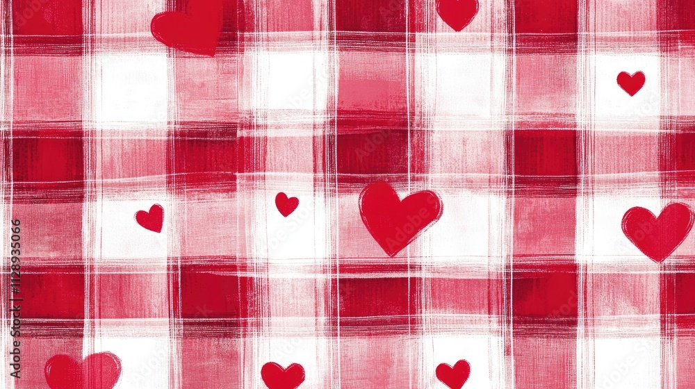 Poster a red and white plaid background with tiny hearts softly placed between the checks, creating a cozy,