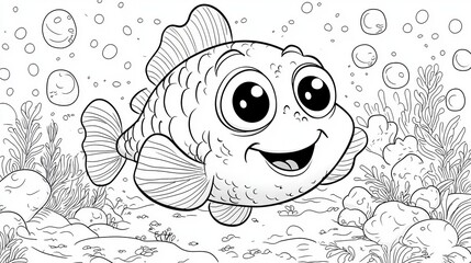 Fototapeta premium Adorable Cartoon Fish in Underwater Paradise Coloring Page