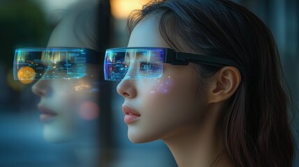 Young Asian woman wearing AR smart glasses with futuristic HUD display. East Asian female experiencing augmented reality technology with holographic interface overlay. 8k