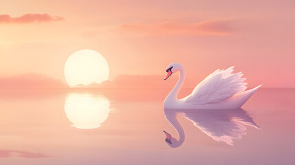 Fototapeta premium A graceful cartoon swan gliding across a calm lake under a pastel sunset.