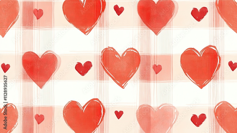 Aufkleber a vibrant red and white plaid background with tiny hearts inserted at intersections, blending romanc