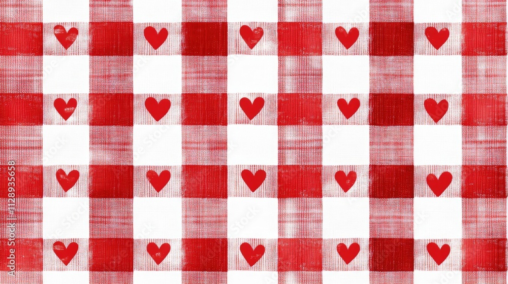 Poster a vibrant red and white plaid background with tiny hearts inserted at intersections, blending romanc