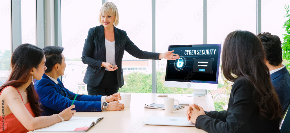 Poster cyber security system on computer screen protect private information snugly from hacker and cyber at