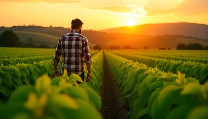 Fototapeta premium The image features a man walking through a vast field of lush green crops, likely soybeans. He wears a checkered shirt and appears thoughtful as he navigates the neatly arranged rows of plants. The ev
