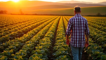 Fototapeta premium The image features a man walking through a vast field of lush green crops, likely soybeans. He wears a checkered shirt and appears thoughtful as he navigates the neatly arranged rows of plants. The ev